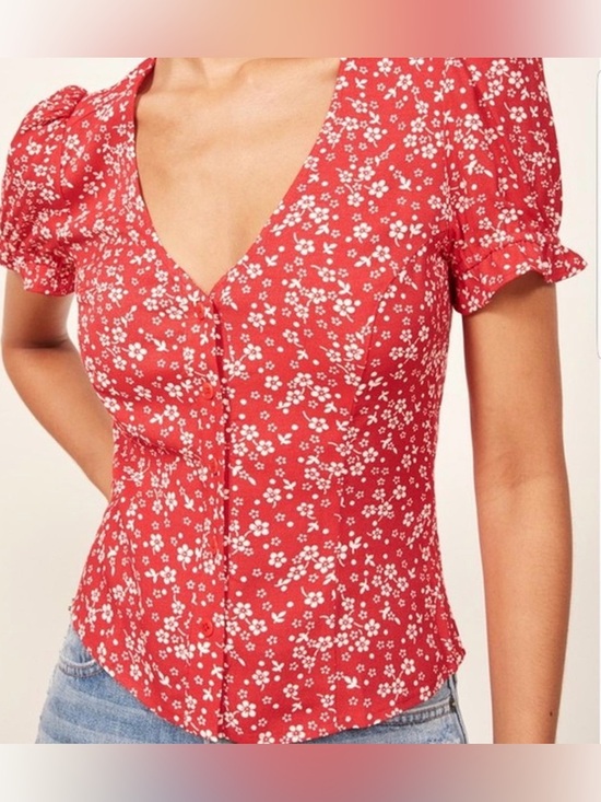 Reformation Tops - Reformation Button Up V-Neck Red Floral Blouse Size S